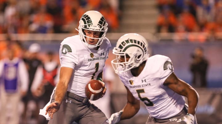 BOISE, ID – OCTOBER 19: Quarterback K.J. Carta-Samuels #1 of the Colorado State Rams fakes a handoff to teammate running back Marvin Kinsey Jr. #5 during first half action against the Boise State Broncos on October 19, 2018 at Albertsons Stadium in Boise, Idaho. (Photo by Loren Orr/Getty Images)