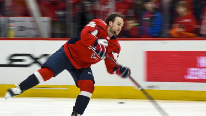 WASHINGTON, DC – JANUARY 05: Washington Capitals left wing Brendan Leipsic (28) skates in warm-ups prior to the game against the San Jose Sharks on January 5, 2020 at the Capital One Arena in Washington, D.C. (Photo by Mark Goldman/Icon Sportswire via Getty Images)