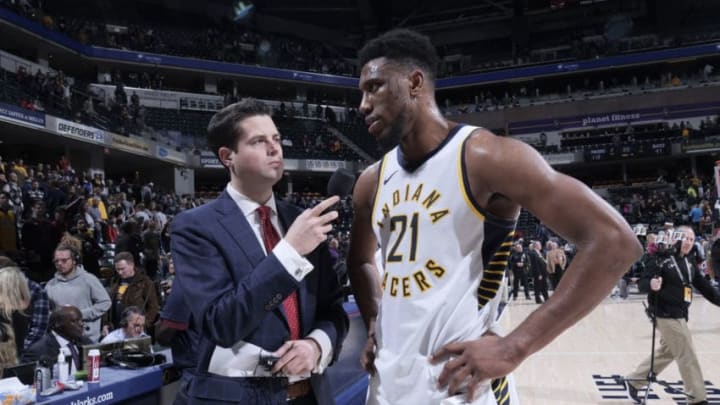 INDIANA, IN - DECEMBER 12: Thaddeus Young #21 of the Indiana Pacers speaks with the media after the game against the Milwaukee Bucks on December 12, 2018 at the Bankers Life Fieldhouse in Indianapolis, Indiana. NOTE TO USER: User expressly acknowledges and agrees that, by downloading and or using this Photograph, user is consenting to the terms and conditions of the Getty Images License Agreement. Mandatory Copyright Notice: Copyright 2018 NBAE (Photo by Ron Hoskins/NBAE via Getty Images)