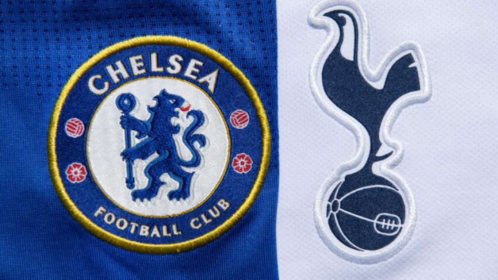 MANCHESTER, ENGLAND - MAY 13: The Chelsea and Tottenham Hotspur club crests on their first team home shirts on May 13, 2020 in Manchester, England. (Photo by Visionhaus)