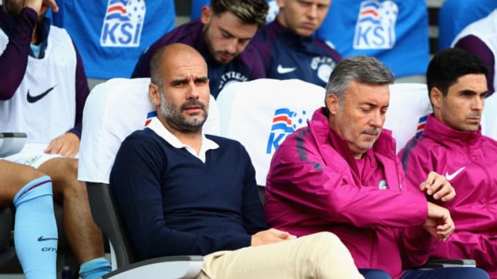 REYKJAVIK, ICELAND - AUGUST 04: Josep Guardiola, Manager of Manchester City looks on prior to a Pre Season Friendly between Manchester City and West Ham United at the Laugardalsvollur stadium on August 4, 2017 in Reykjavik, Iceland. (Photo by Ian Walton/Getty Images)