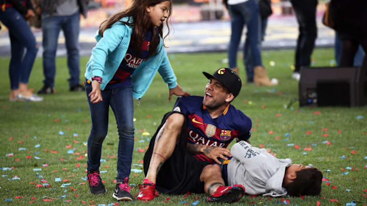 Dani Alves during the spanish league and King Cup celebration, held in the Camp Nou, on may 23, 2016. (Photo by Urbanandsport/NurPhoto via Getty Images)