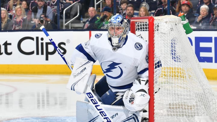 COLUMBUS, OH – APRIL 16: Goaltender Andrei Vasilevskiy #88 of the Tampa Bay Lightning defends the net during the first period in Game Four of the Eastern Conference First Round against the Columbus Blue Jackets during the 2019 NHL Stanley Cup Playoffs on April 16, 2019 at Nationwide Arena in Columbus, Ohio. (Photo by Jamie Sabau/NHLI via Getty Images)