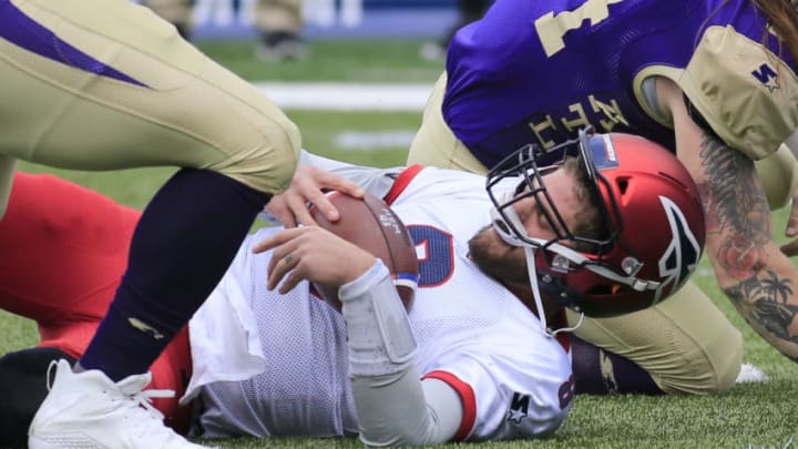 ATLANTA, GA - MARCH 10: Zach Mettenberger (8) gets sacked during the AAF game between the Atlanta Legends and the Memphis Express on March 10, 2019 at Georgia State Stadium in Atlanta, GA. (Photo by David John Griffin/Icon Sportswire via Getty Images)