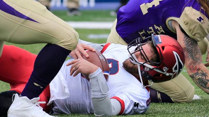 ATLANTA, GA - MARCH 10: Zach Mettenberger (8) gets sacked during the AAF game between the Atlanta Legends and the Memphis Express on March 10, 2019 at Georgia State Stadium in Atlanta, GA. (Photo by David John Griffin/Icon Sportswire via Getty Images) ATLANTA, GA - MARCH 10: Zach Mettenberger (8) gets sacked during the AAF game between the Atlanta Legends and the Memphis Express on March 10, 2019 at Georgia State Stadium in Atlanta, GA. (Photo by David John Griffin/Icon Sportswire via Getty Images)