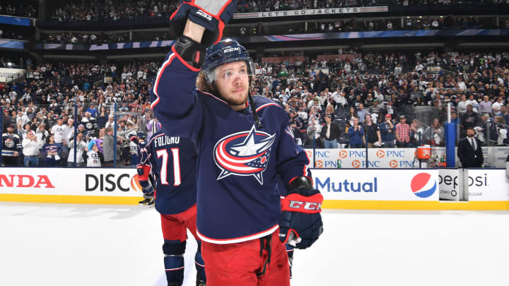 COLUMBUS, OH – MAY 6: Artemi Panarin #9 of the Columbus Blue Jackets waves to the fans following Game Six of the Eastern Conference Second Round during the 2019 NHL Stanley Cup Playoffs on May 6, 2019 at Nationwide Arena in Columbus, Ohio. (Photo by Jamie Sabau/NHLI via Getty Images)