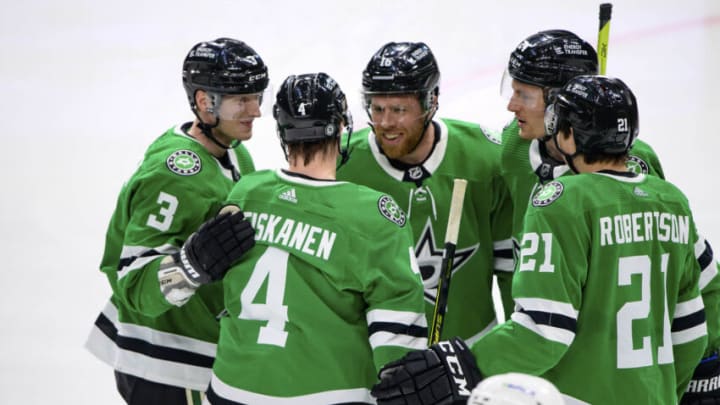 Apr 27, 2022; Dallas, Texas, USA; Dallas Stars defenseman John Klingberg (3) and defenseman Miro Heiskanen (4) and center Joe Pavelski (16) and left wing Jason Robertson (21) and center Roope Hintz (24) celebrates a power play goal scored by Heiskanen against the Arizona Coyotes during the second period at the American Airlines Center. Mandatory Credit: Jerome Miron-USA TODAY Sports