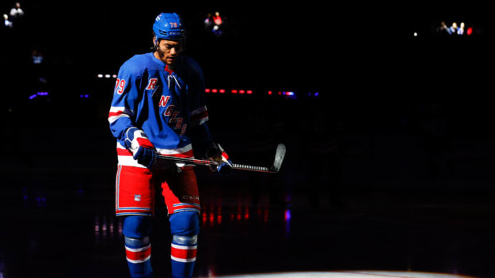 NEW YORK, NY - NOVEMBER 13: K'Andre Miller #79 of the New York Rangers prior to the game against the Arizona Coyotes on November 13, 2022 at Madison Square Garden in New York, New York. (Photo by Rich Graessle/Getty Images)