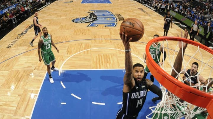 ORLANDO, FL - MARCH 16: D.J. Augustin #14 of the Orlando Magic shoots the ball against the Boston Celtics on March 16, 2018 at Amway Center in Orlando, Florida. NOTE TO USER: User expressly acknowledges and agrees that, by downloading and or using this photograph, User is consenting to the terms and conditions of the Getty Images License Agreement. Mandatory Copyright Notice: Copyright 2018 NBAE (Photo by Fernando Medina/NBAE via Getty Images)