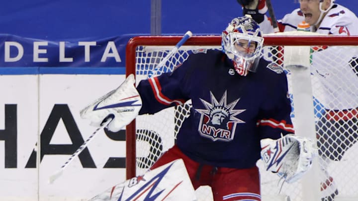 NEW YORK, NEW YORK - FEBRUARY 04: Igor Shesterkin #31 of the New York Rangers skates against the Washington Capitals at Madison Square Garden on February 04, 2021 in New York City. (Photo by Bruce Bennett/Getty Images)