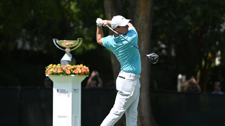Sep 6, 2020; Atlanta, Georgia, USA; Rory McIlroy hits his tee shot on the 1st hole during the third round of the Tour Championship golf tournament at East Lake Golf Club. Mandatory Credit: Adam Hagy-USA TODAY Sports
