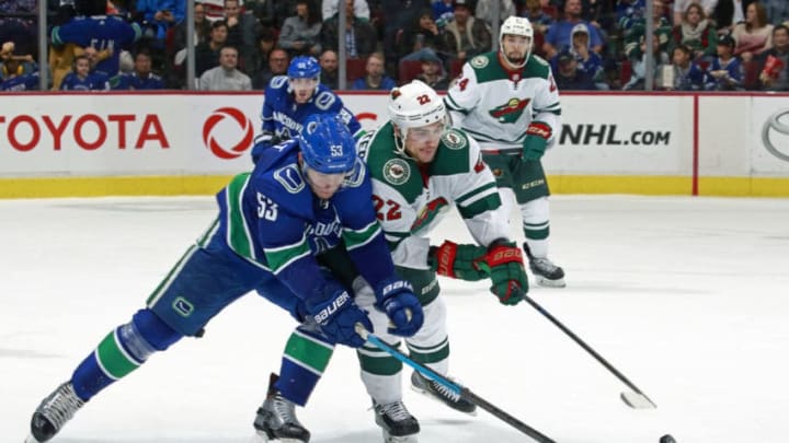 VANCOUVER, BC - OCTOBER 29: Bo Horvat #53 of the Vancouver Canucks checks Nino Niederreiter #22 of the Minnesota Wild during their NHL game at Rogers Arena October 29, 2018 in Vancouver, British Columbia, Canada. (Photo by Jeff Vinnick/NHLI via Getty Images)