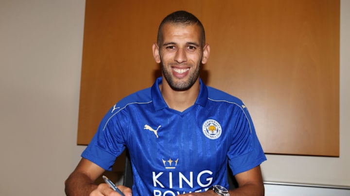 PARIS, FRANCE – AUGUST 31: New Leicester City signing Islam Slimani poses for pictures in Paris before re-joining his international team mates after passing a medical and joining Leicester City from Sporting Lisbon for a club record fee on August 31, 2016 in Paris, France. (Photo by Plumb Images/Leicester City FC via Getty Images)