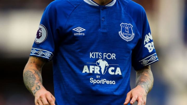 LIVERPOOL, ENGLAND - SEPTEMBER 16: The Kits for Africa shirt branding sponsor by SportPesa is seen on the shirt of Bernard of Everton during the Premier League match between Everton FC and West Ham United at Goodison Park on September 16, 2018 in Liverpool, United Kingdom. (Photo by Robbie Jay Barratt - AMA/Getty Images)