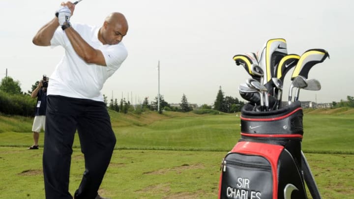 Charles Barkley takes some swings on the driving range at the Joe Carter and Friends Charity Golf Tournament for The Children’s Aid Foundation at Eagles Nest Golf Course in Maple. TONY BOCK/TORONTO STAR (JUNE 23, 2010) (Photo by Tony Bock/Toronto Star via Getty Images)