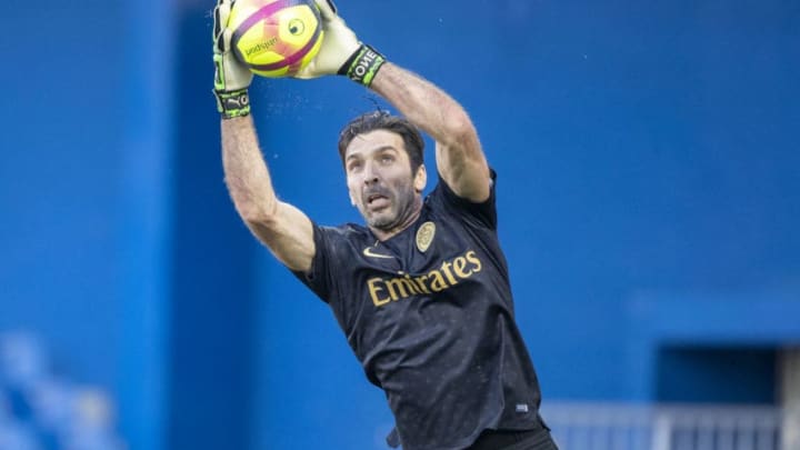 MONTPELLIER, FRANCE - April 30: Gianluigi Buffon #1 of Paris Saint-Germain during pre game warm up before the Montpellier Vs Paris Saint-Germain, French Ligue 1 regular season match at Stade de la Mosson on April 30th 2019 in Montpellier, France (Photo by Tim Clayton/Corbis via Getty Images)
