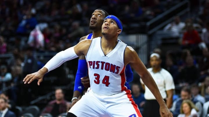 Feb 24, 2016; Auburn Hills, MI, USA; Detroit Pistons forward Tobias Harris (34) waits for a rebound during the second quarter against the Philadelphia 76ers at The Palace of Auburn Hills. Mandatory Credit: Tim Fuller-USA TODAY Sports