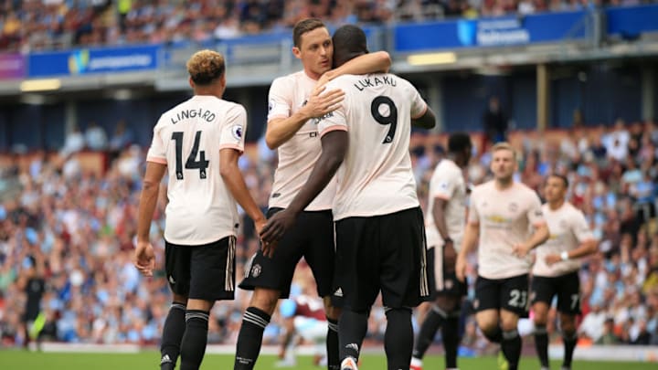 BURNLEY, ENGLAND - SEPTEMBER 02: Romelu Lukaku of Man Utd celebrates with teammate Nemanja Matic of Man Utd after scoring their 1st goal during the Premier League match between Burnley and Manchester United at Turf Moor on September 2, 2018 in Burnley, England. (Photo by Simon Stacpoole/Offside/Getty Images)