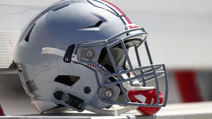 Apr 16, 2016; Columbus, OH, USA; A general view of an Ohio State football helmet on the sidelines during the Ohio State Spring Game at Ohio Stadium. Mandatory Credit: Aaron Doster-USA TODAY Sports