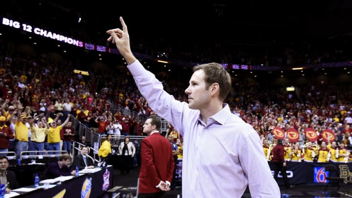KANSAS CITY, MO – MARCH 14: Head coach Fred Hoiberg of the Iowa State Cyclones waves to the crowd after their 70 to 66 win over the Kansas Jayhawks during the championship game of the Big 12 Basketball Tournament at Sprint Center on March 14, 2015 in Kansas City, Missouri. (Photo by Ed Zurga/Getty Images)