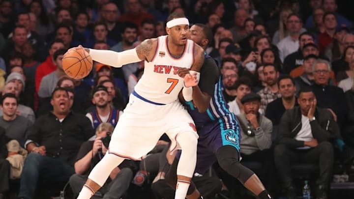 Nov 25, 2016; New York, NY, USA; New York Knicks forward Carmelo Anthony (7) drives against Charlotte Hornets forward Michael Kidd-Gilchrist (14) during the first quarter at Madison Square Garden. Mandatory Credit: Anthony Gruppuso-USA TODAY Sports