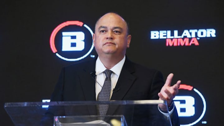 NEW YORK, NY - JUNE 26: President of Bellator Scott Coker speaks onstage during the Bellator-DAZN announcement press conference on June 26, 2018 at Viacom in New York City. (Photo by Dave Kotinsky/Getty Images for Bellator MMA)