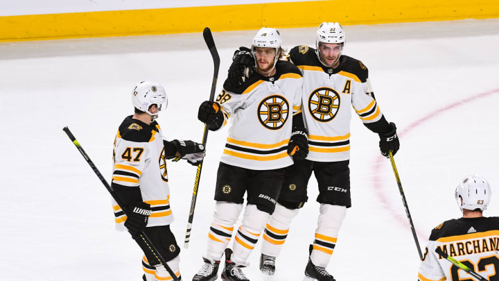 MONTREAL, QC - NOVEMBER 05: Boston Bruins right wing David Pastrnak (88) celebrates his goal with his teammates during the Boston Bruins versus the Montreal Canadiens game on November 05, 2019, at Bell Centre in Montreal, QC (Photo by David Kirouac/Icon Sportswire via Getty Images)