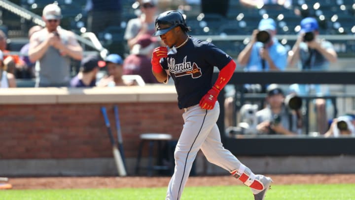 NEW YORK, NY - MAY 03: Ozzie Albies #1 of the Atlanta Braves celebrates after connecting on a 3-run home run in the seventh inning against the New York Mets at Citi Field on May 3, 2018 in the Flushing neighborhood of the Queens borough of New York City. (Photo by Mike Stobe/Getty Images)