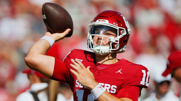 NORMAN, OKLAHOMA – SEPTEMBER 2: Quarterback Jackson Arnold #10 of the Oklahoma Sooners throws a pass before a game against the Arkansas State Red Wolves at Gaylord Family Oklahoma Memorial Stadium on September 2, 2023 in Norman, Oklahoma. Oklahoma won 73-0. (Photo by Brian Bahr/Getty Images)