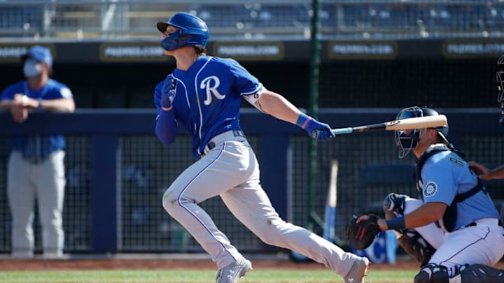 PEORIA, ARIZONA - MARCH 09: Bobby Witt Jr. #7 of the Kansas City Royals during an at bat against the Seattle Mariners in the eighth inning of the MLB spring training baseball game at Peoria Sports Complex on March 09, 2021 in Peoria, Arizona. (Photo by Ralph Freso/Getty Images)