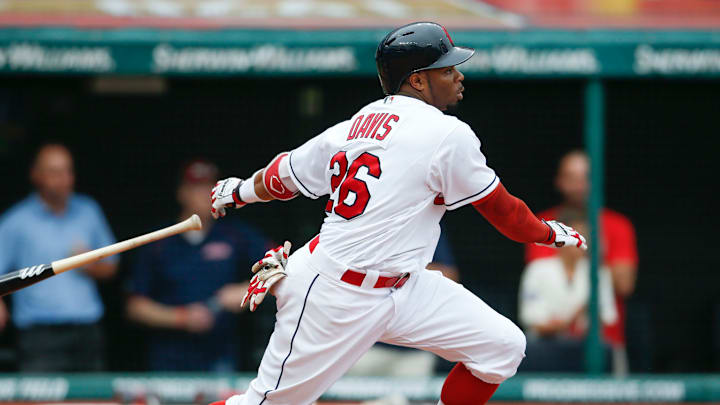 CLEVELAND, OH – JUNE 20: Rajai Davis #26 of the Cleveland Indians hits an RBI single off Reynaldo Lopez #40 of the Chicago White Sox during the fourth inning at Progressive Field on June 20, 2018 in Cleveland, Ohio. The Indians defeated the White Sox 12-0. (Photo by Ron Schwane/Getty Images)