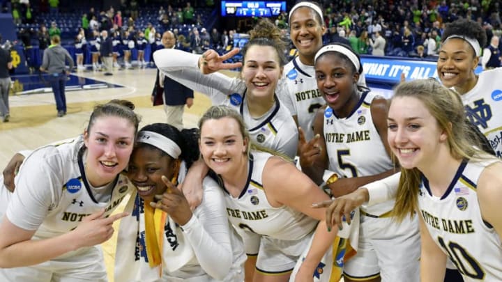 SOUTH BEND, IN - MARCH 18: Notre Dame Fighting Irish's Arike Ogunbowale (24), Notre Dame Fighting Irish's Jessica Shepard (23), Notre Dame Fighting Irish's Jackie Young (5) and teammates celebrate after defeating the Villanova Wildcats during the second round of the Division I Women's Championship on March 18, 2018 in South Bend, Indiana. (Photo by Quinn Harris/Icon Sportswire via Getty Images)
