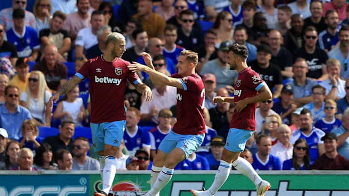 IPSWICH, ENGLAND - JULY 28: Marko Arnautovic of West Ham United celebrates scoring his sides second goal during the pre-season friendly match between Ipswich Town and West Ham United at Portman Road on July 28, 2018 in Ipswich, England. (Photo by Stephen Pond/Getty Images)