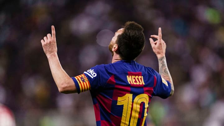 JEDDAH, SAUDI ARABIA - JANUARY 09: Lionel Messi of FC Barcelona celebrates his goal during the Supercopa de Espana Semi-Final match between FC Barcelona and Club Atletico de Madrid at King Abdullah Sports City on January 9, 2020 in Jeddah, Saudi Arabia. (Photo by Ricardo Nogueira/Eurasia Sport Images/Getty Images)