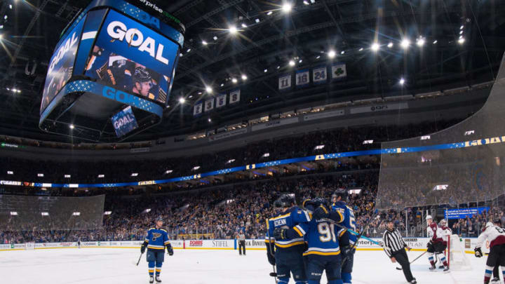 ST. LOUIS, MO - OCTOBER 17: Vladimir Tarasenko #91 of the St. Louis Blues is congratulated after scoring a goal against the Colorado Avalanche at Enterprise Center on October 17, 2019 in St. Louis, Missouri. (Photo by Scott Rovak/NHLI via Getty Images)