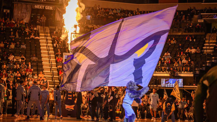 Oct 27, 2019; Memphis, TN, USA; A view of the Memphis Grizzlies mascot and flames and flag before the game between the Grizzlies and the Nets at the FedExForum. Mandatory Credit: Jerome Miron-USA TODAY Sports