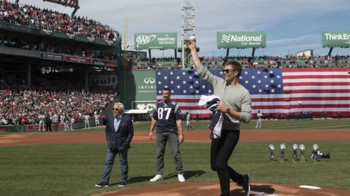 BOSTON, MA - APRIL 03: Tom Brady #12 of the New England Patriots throws out a ceremonial first pitch at Fenway Park before an opening gay game between the Boston Red Sox and the Pittsburgh Pirates on April 3, 2017 in Boston, Massachusetts. (Photo by Michael Ivins/Boston Red Sox/Getty Images)