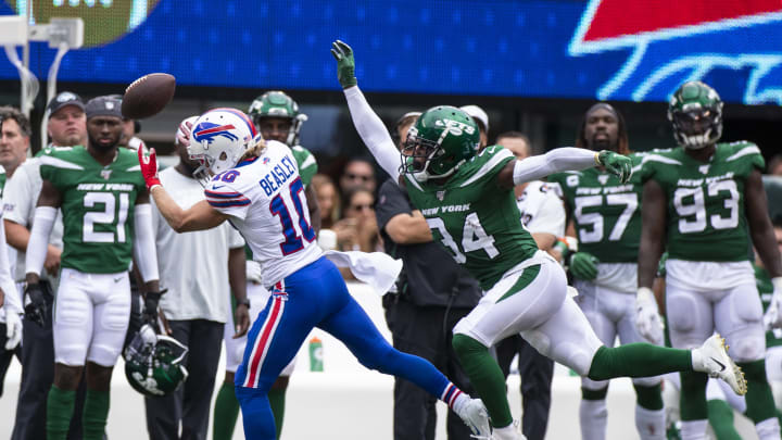 EAST RUTHERFORD, NJ – SEPTEMBER 08: Pass intended for Cole Beasley #10 of the Buffalo Bills falls incomplete as Brian Poole #34 of the New York Jets defends during the fourth quarter at MetLife Stadium on September 8, 2019 in East Rutherford, New Jersey. Buffalo defeats New York 17-16. (Photo by Brett Carlsen/Getty Images)