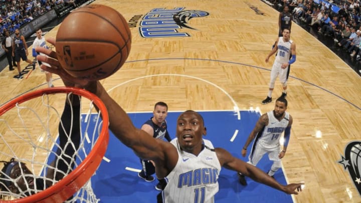 ORLANDO, FL - APRIL 4: Bismack Biyombo #11 of the Orlando Magic shoots the ball during the game against the Dallas Mavericks on April 4, 2018 at Amway Center in Orlando, Florida. NOTE TO USER: User expressly acknowledges and agrees that, by downloading and or using this photograph, User is consenting to the terms and conditions of the Getty Images License Agreement. Mandatory Copyright Notice: Copyright 2018 NBAE (Photo by Fernando Medina/NBAE via Getty Images)
