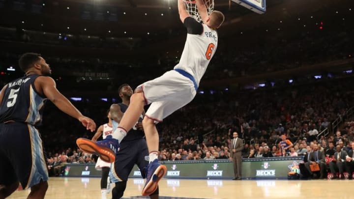 Oct 29, 2016; New York, NY, USA; New York Knicks forward Kristaps Porzingis (6) dunks the ball during the third quarter against the Memphis Grizzlies at Madison Square Garden. New York Knicks won 111-104. Mandatory Credit: Anthony Gruppuso-USA TODAY Sports