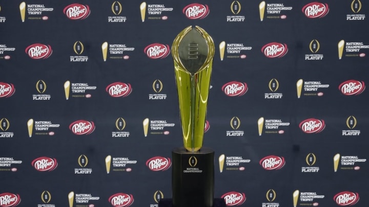 Jan 10, 2015; Arlington, TX, USA; College Playoff Trophy on display during Media day at Dallas Convention Center. Mandatory Credit: Matthew Emmons-USA TODAY Sports