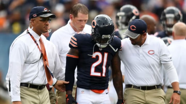 Aug 27, 2016; Chicago, IL, USA; Chicago Bears cornerback Tracy Porter (21) is taken off the field after an injury during the first half against the Kansas City Chiefs at Soldier Field. Mandatory Credit: Patrick Gorski-USA TODAY Sports