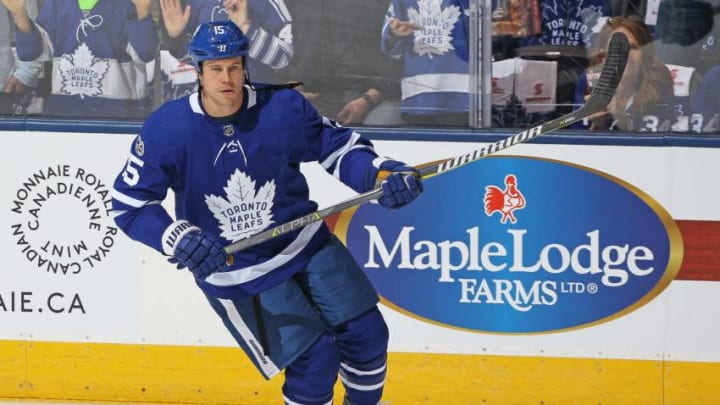 TORONTO, ON - OCTOBER 7: Matt Martin #15 of the Toronto Maple Leafs skates during the warm-up prior to playing against the New York Rangers in an NHL game at the Air Canada Centre on October 7, 2017 in Toronto, Ontario. The Maple Leafs defeated the Rangers 8-5. (Photo by Claus Andersen/Getty Images)