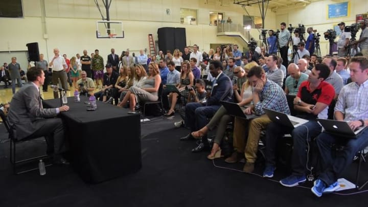 Jun 21, 2016; El Segunda, CA, USA; Los Angeles Lakers new head coach Luke Walton talks to the media during a press conference at Toyota Sports Center. Mandatory Credit: Jayne Kamin-Oncea-USA TODAY Sports