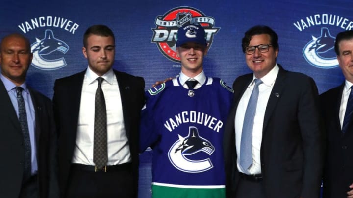 CHICAGO, IL - JUNE 23: Elias Pettersson poses for photos after being selected fifth overall by the Vancouver Canucks during the 2017 NHL Draft at the United Center on June 23, 2017 in Chicago, Illinois. (Photo by Bruce Bennett/Getty Images)