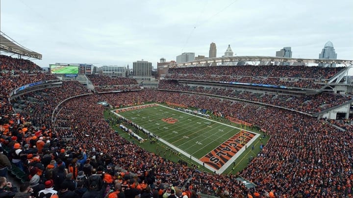 Jan 5, 2014; Cincinnati, OH, USA; General view of Paul Brown Stadium and downtown Cincinnati skyline during the opening kickoff the 2013 AFC wild card playoff football game between the San Diego Chargers and the Cincinnati Bengals. Mandatory Credit: Kirby Lee-USA TODAY Sports