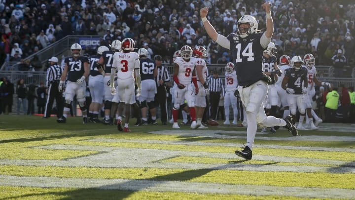 STATE COLLEGE, PA – NOVEMBER 16: Sean Clifford #14 of the Penn State Nittany Lions celebrates after scoring a touchdown against the Indiana Hoosiers during the fourth quarter at Beaver Stadium on November 16, 2019 in State College, Pennsylvania. (Photo by Scott Taetsch/Getty Images)