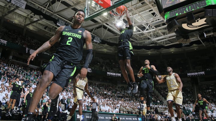 EAST LANSING, MI – NOVEMBER 18: Gabe Brown #44 of the Michigan State Spartans dunks the ball during the second half against the Charleston Southern Buccaneers at Breslin Center on November 18, 2019 in East Lansing, Michigan. (Photo by Rey Del Rio/Getty Images)