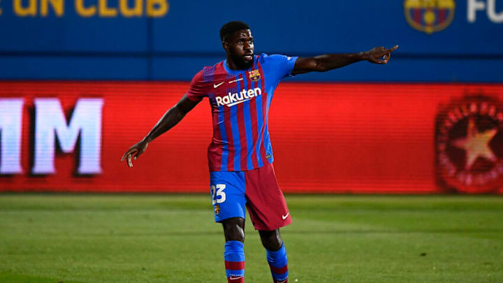 ESTADI JOHAN CRUYFF, SANT JOAN DESPI, BARCELONA, SPAIN - 2021/08/08: Samuel Umtiti of FC Barcelona reacts during the pre-season friendly football match between FC Barcelona and Juventus FC. FC Barcelona won 3-0 over Juventus FC. (Photo by Nicolò Campo/LightRocket via Getty Images)