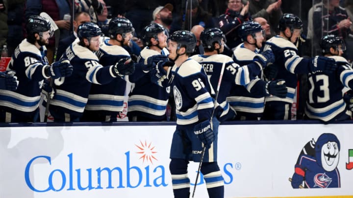 COLUMBUS, OHIO - JANUARY 19: Jack Roslovic #96 of the Columbus Blue Jackets celebrates his goal during the first period against the Anaheim Ducks at Nationwide Arena on January 19, 2023 in Columbus, Ohio. (Photo by Emilee Chinn/Getty Images)